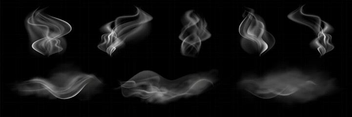 Set of steam or abstract white smog. Isolated on a black background. Wavy steam, fog, haze, gas, hot drinks, food. Vector