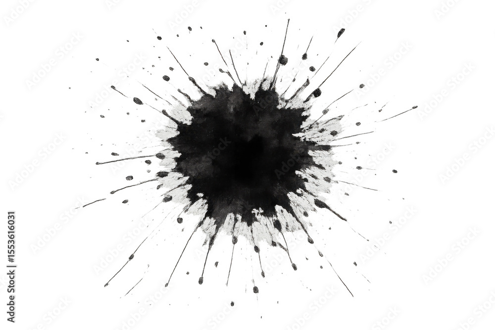 Poster ink spraying across transparent surface, forming circular pattern with radiating splashes and drople