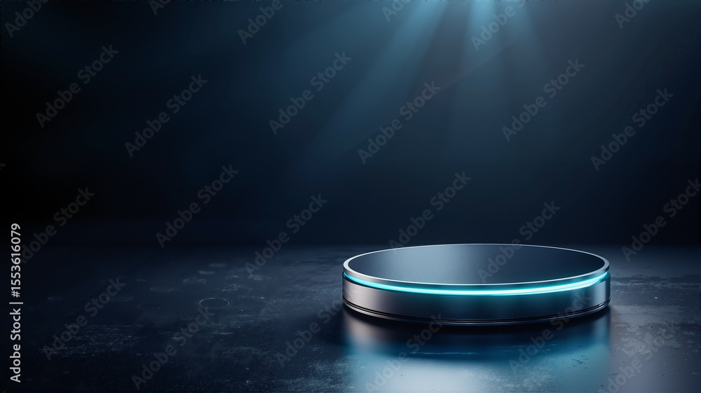 Poster sleek circular metallic podium with neon blue rim light and diffused fill light, set against a solid