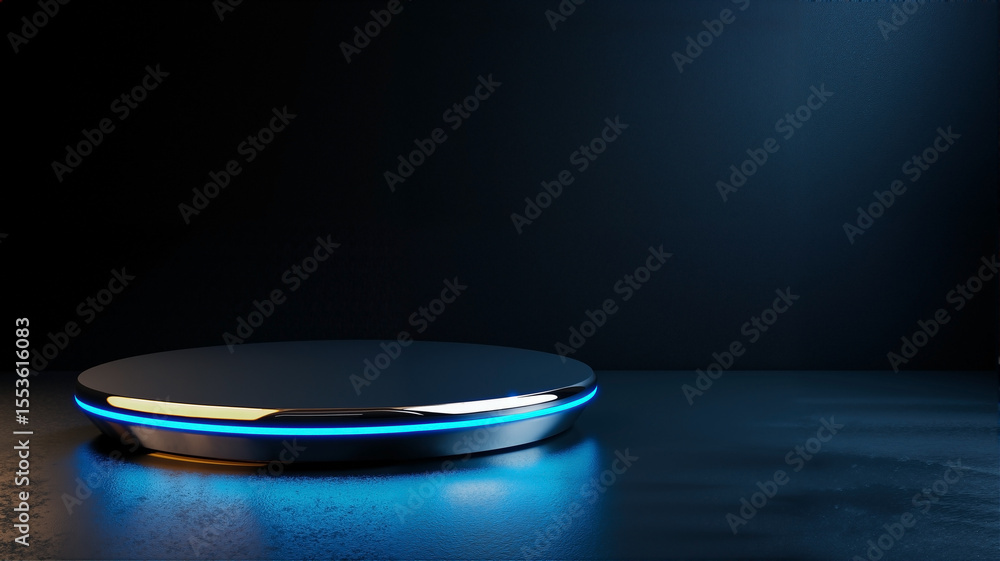 Poster sleek circular metallic podium with neon blue rim light and diffused fill light, set against a solid