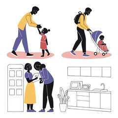 Obraz premium Illustrations showing scenes of family life with parents interacting with their children indoors
