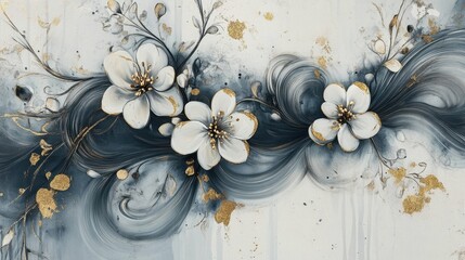 Delicate white blossoms in a flowing design of dark blues and golds.