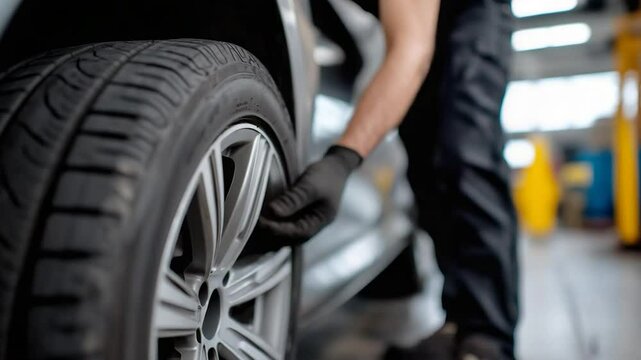 Close up mechanic working on a car tire in a workshop