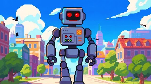 Pixel Art Robot in Colorful City Street &ndash; Retro Futuristic AI Character