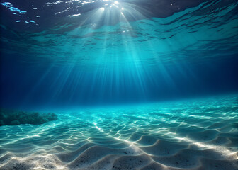 Naklejka premium Hyperrealistic Underwater Scene Deep Blue Ocean Floor with Sunbeams