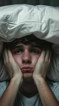 Video sleeplessness: bedroom anxiety, person unease, nighttime wakefulness, sleep disturbance, mind turmoil, slumber absence, restless motion, blanket twist, silent blink, dream absence, night turmoil