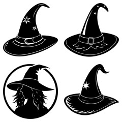 Collection of black witch hats isolated on white background