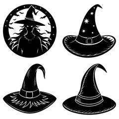 Collection of witch hats with stars isolated on white background