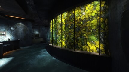 Curved wall display featuring a vibrant moss-like design.