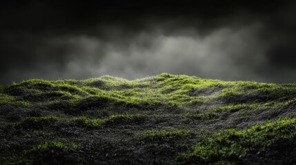 Moss-covered hills under a gloomy sky.
