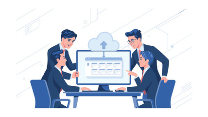 Business Team Discussing Cloud Computing and Data Upload on a Computer Screen