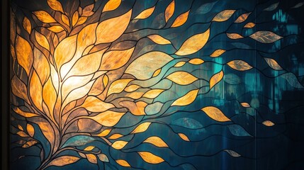 Ornate stained glass design with flowing foliage patterns.