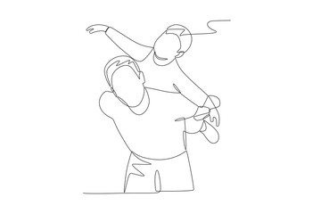 Father holding a happy child. Family relaxing concept one-line drawing