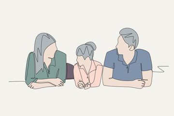 Colored family relaxing while lying down. Family relaxing concept one-line drawing