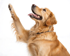 Golden retriever raising its paw with mouth open looking up on a plain white background in studio shot