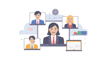 Online Conference with Diverse Business Team on Multiple Screens and Laptop, Vector Illustration