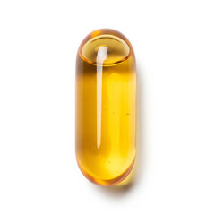 transparent gel capsule with golden liquid on white background