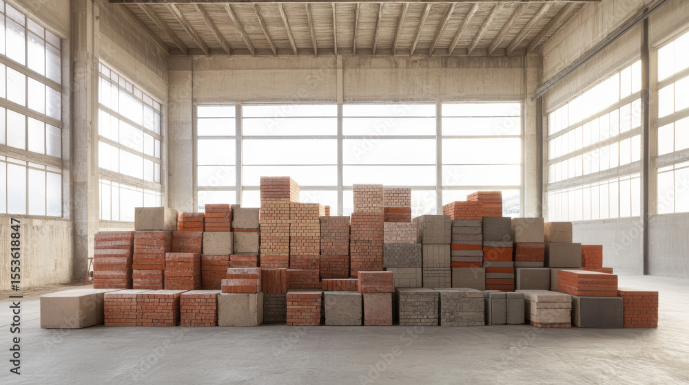 Poster stacked bricks and concrete blocks create a dynamic sculpture in a bright, modern industrial space. 