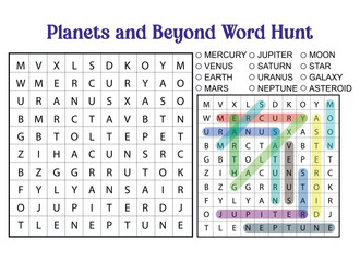 Planets and Beyond Word Search Puzzle Game for Kids Learning