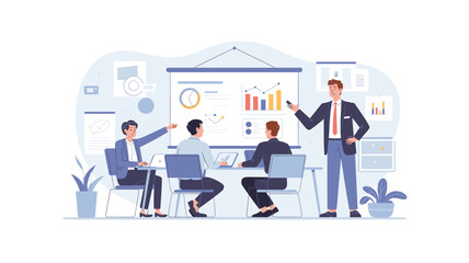 Business Presentation with Data Charts and Graphs: Team Meeting and Strategy Discussion