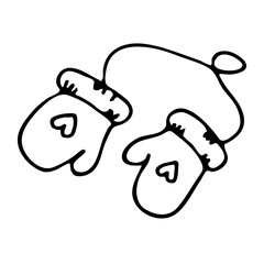 Cute winter mittens with heart. Vector outline drawing for kids and coloring pages