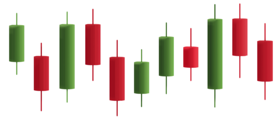 Realistic 3D rendering of financial candlestick chart patterns in red and green, ideal for cryptocurrency trading, stock market analysis, and investment concepts isolated.