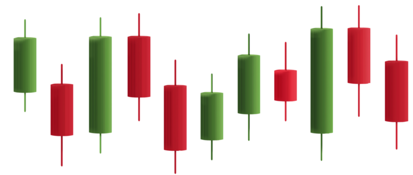 Realistic 3D rendering of financial candlestick chart patterns in red and green, ideal for cryptocurrency trading, stock market analysis, and investment concepts isolated.

