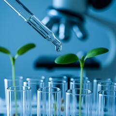 Scientist adds liquid to plant seedling in test tube with microscope in background