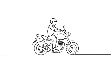 Fototapeta premium Continuous line drawing of a person riding a motorcycle wearing a helmet