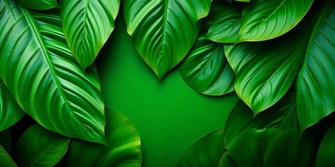 Vibrant green tropical leaf flat lay, lush texture, close-up detail,  illustration,  spring