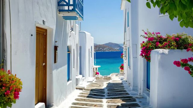 Strolling through the charming streets of Mykonos, overlooking the stunning blue sea on a warm summer day, Summer vacations on greek island Mykonos Blue sea and traditional white houses