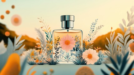 Floral perfume bottle displayed amidst stylized flowers and foliage.