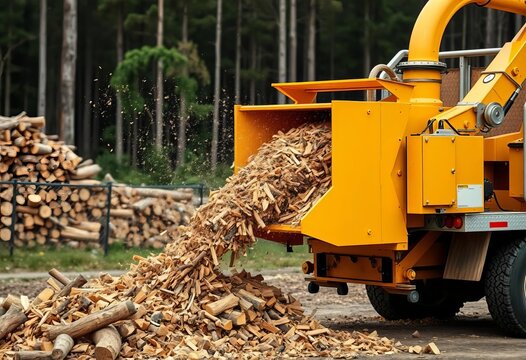 Yellow wood chipper shreds wood, blowing chips into white truck,  waste,  shredding