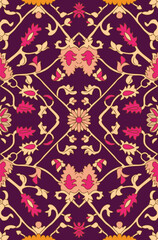 a purple and gold floral pattern on a dark background