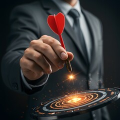 Businessman aiming a dart at a glowing target representing success and goals
