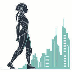 Robot woman walking in front of a cityscape silhouette with futuristic design and detailed lines