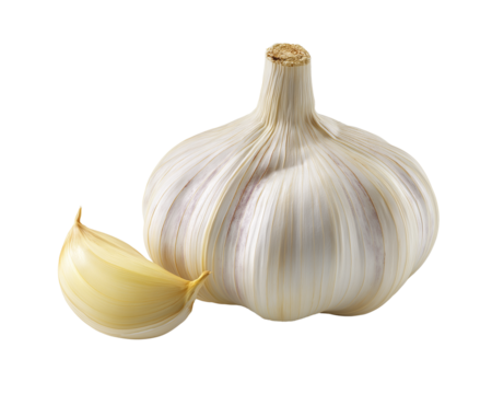 Fresh Whole Garlic Bulb with Peeled Clove Isolated on Transparent Background