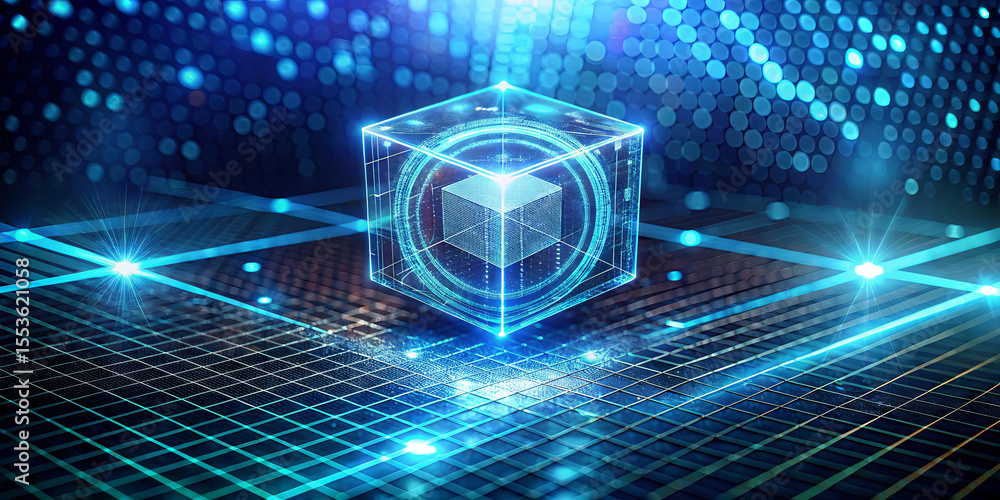Poster a glowing 3d holographic cube hovers above a grid in a vibrant digital space filled with shimmering 