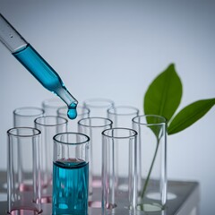 Scientist adds blue liquid from dropper to test tube with green leaf