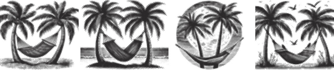 Vintage halftone stipple bundle design featuring two palm trees with hammock, black engraving style, tropical relaxation, retro beach scene, detailed dotted texture vector art