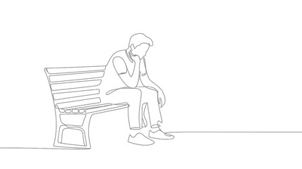 Single line drawing of a pensive man sitting alone on a park bench