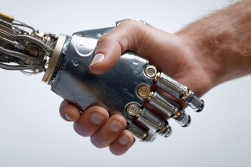 Human and robot handshake symbolizing collaboration