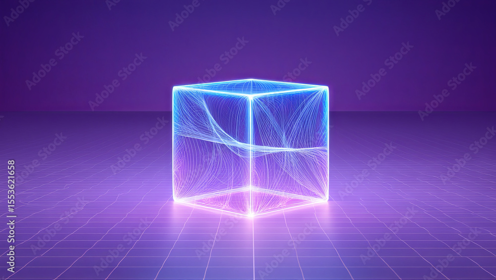 Poster a 3d cube surrounded by glowing neon lines rests on a grid with a deep purple background. the vibran