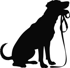 Silhouette of a Dog Sitting with Leash in Mouth, Transparent Background.
