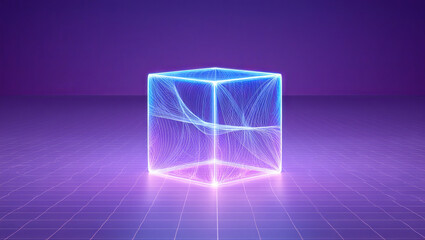 A 3D cube surrounded by glowing neon lines rests on a grid with a deep purple background. The vibrant colors create a dynamic visual effect, evoking a futuristic atmosphere