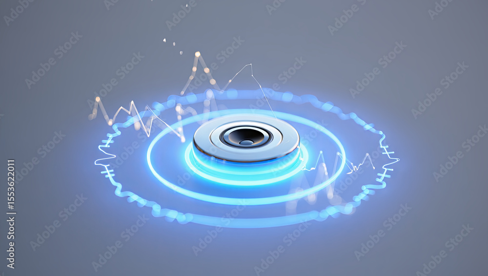 Poster a modern digital design features a circular pattern with glowing blue elements around a central obje