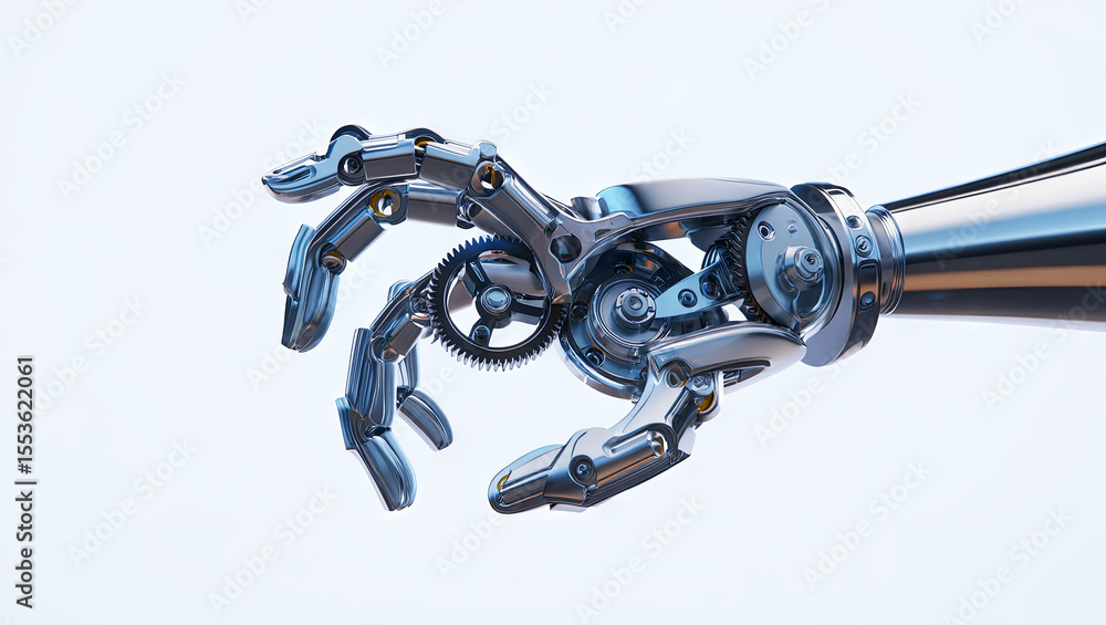 Poster a detailed robotic hand is featured with visible gears and joints, demonstrating advanced mechanical