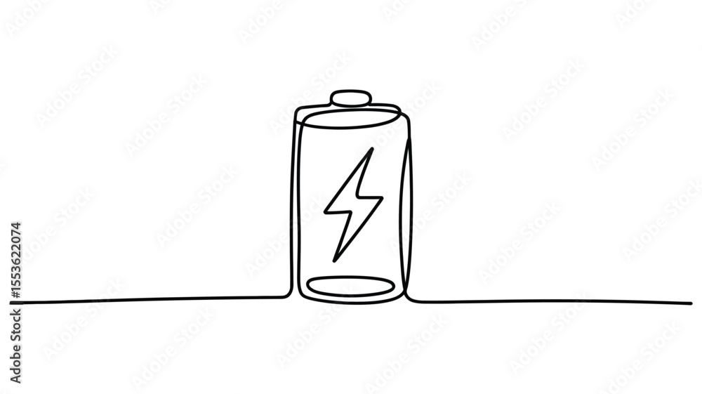 Poster continuous line drawing of a battery symbol with a lightning bolt inside on a white background