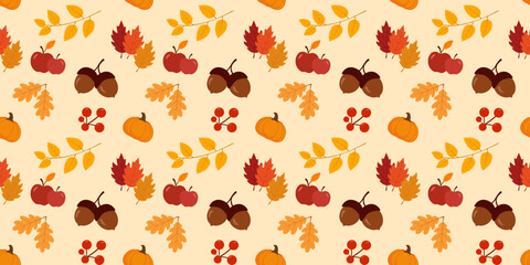 Autumn seamless pattern with leaves, pumpkins, apples and acorns in flat style
