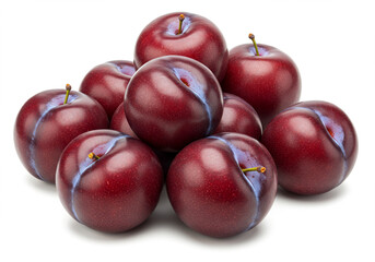 Pile of Fresh Red and Purple sweet juicy Plums on White Background